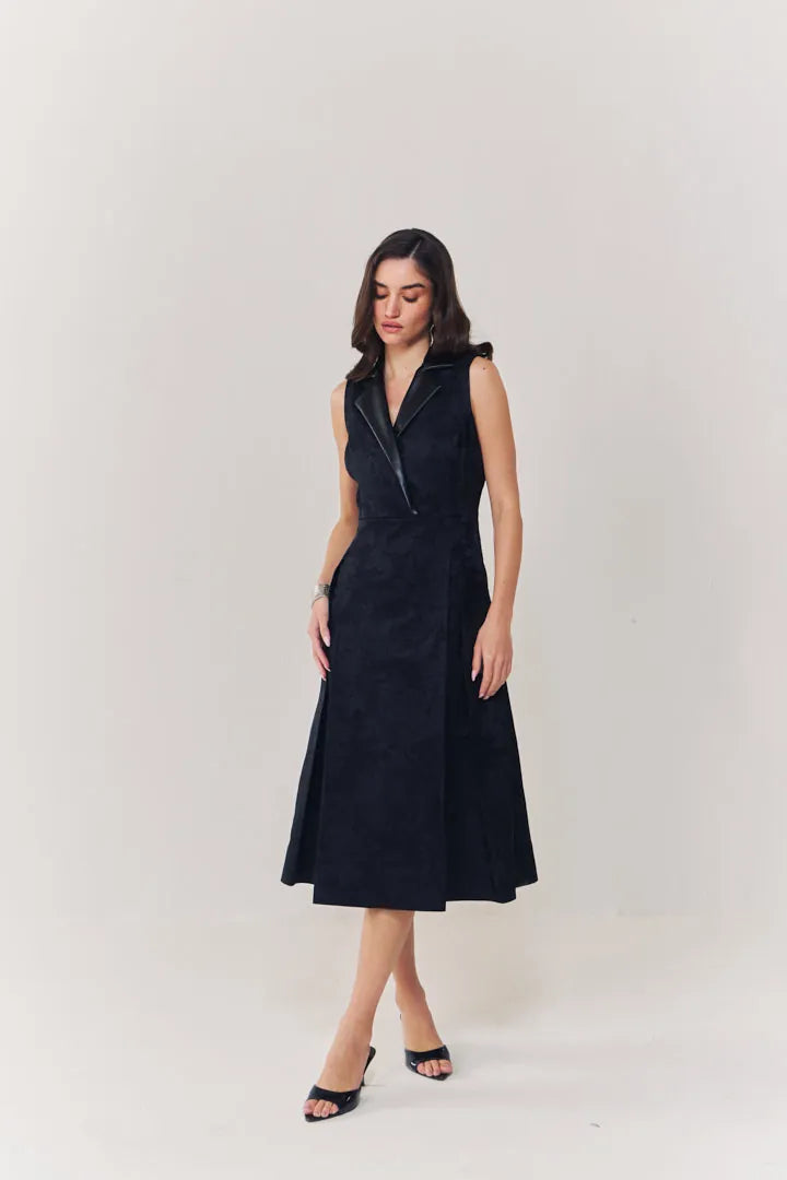 midnight jacquard midi dress with leather collar, image 2