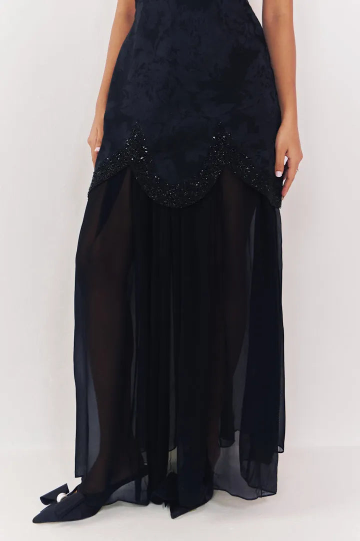 midnight jacquard strapless dress with sheer skirt, image 4