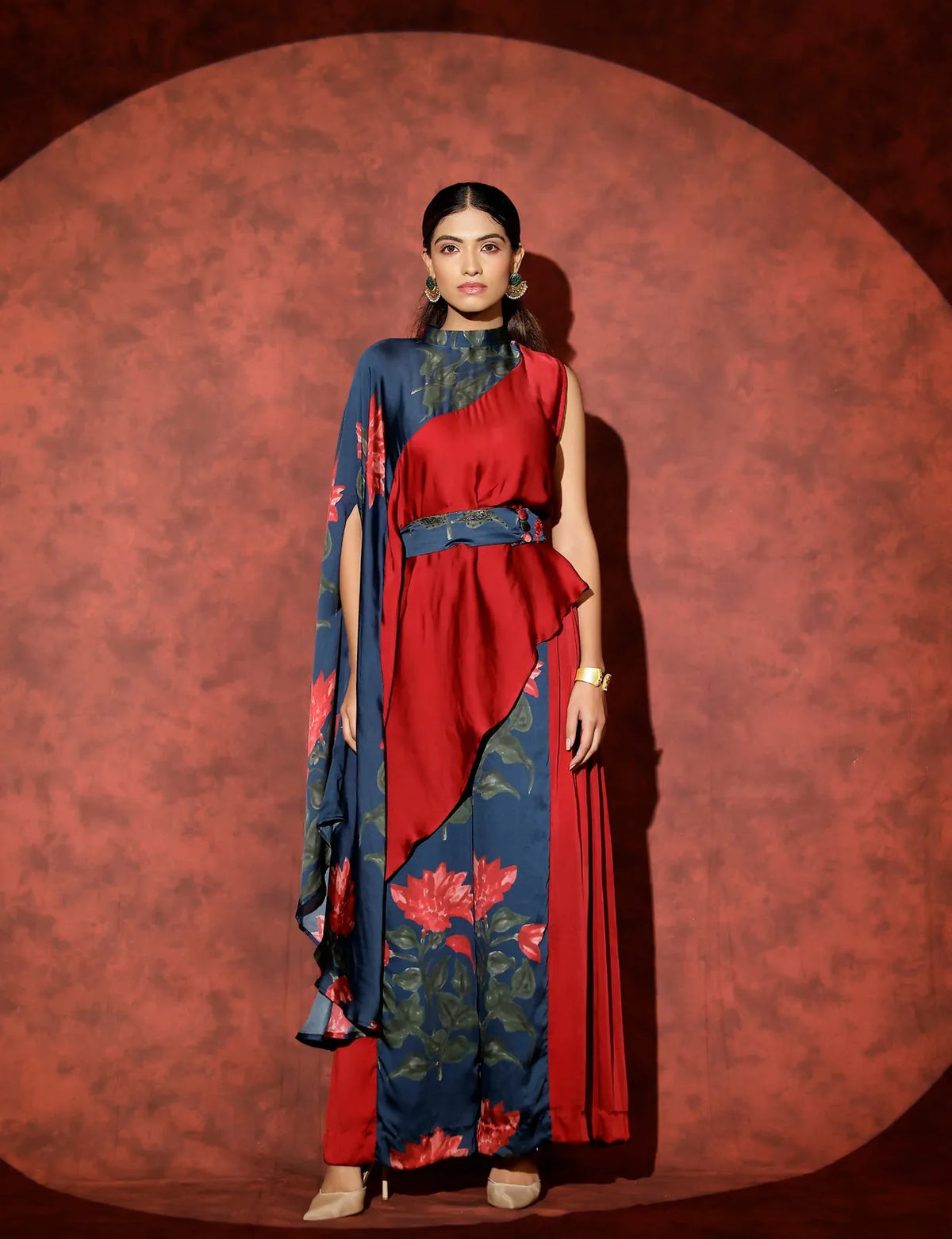neelam color block asymmetric top paired with side pleated pants, image 1