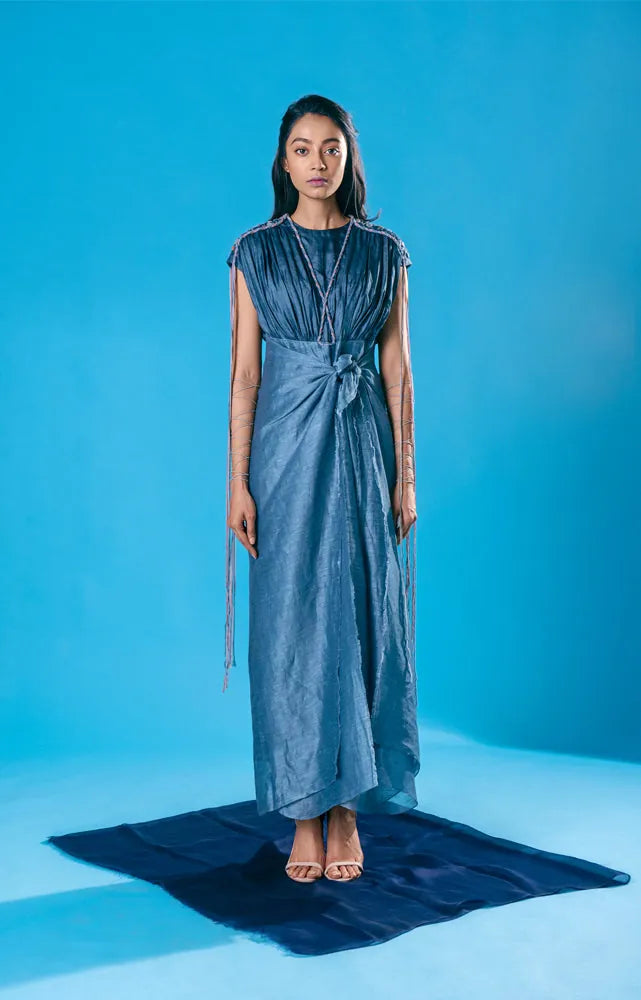 pleated tussar silk and linen dress, image 1