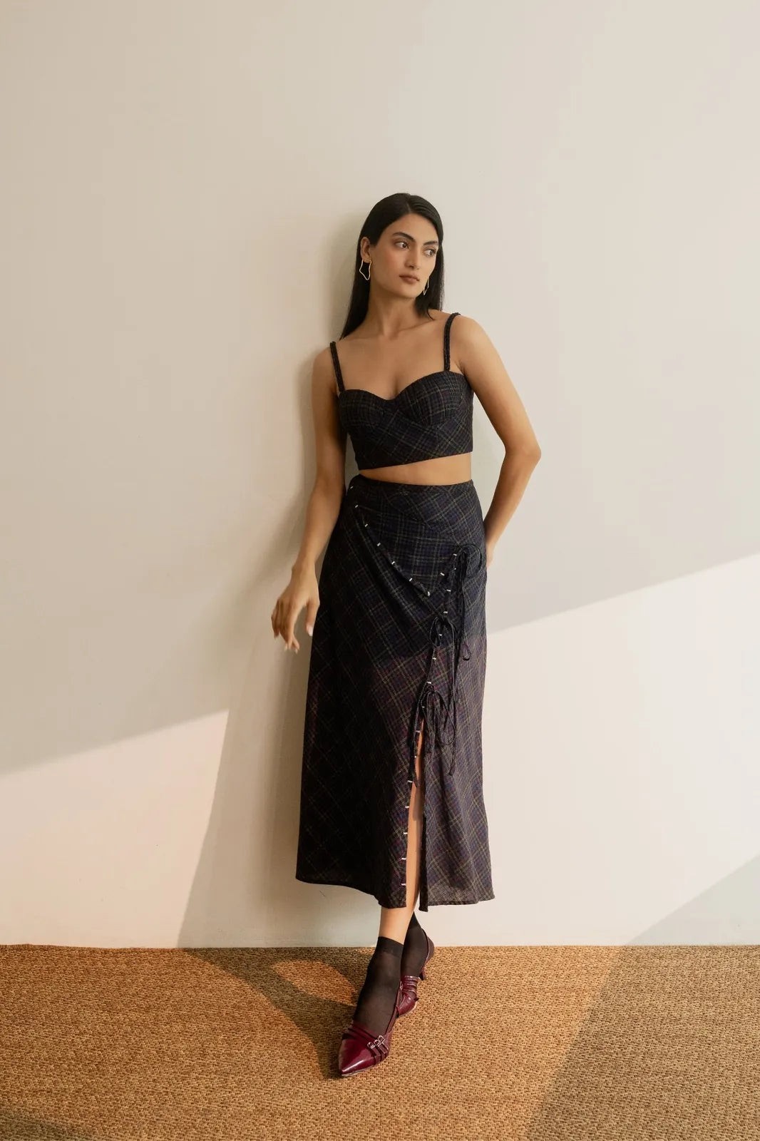 prism tie up skirt - black coloured checks, image 1