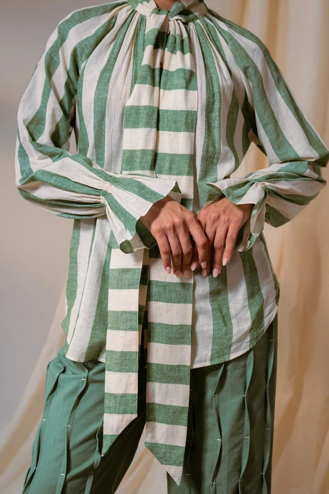 sage green stripes scarf top, image 2