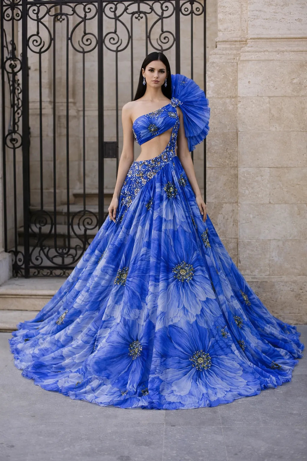 sapphire bloom asymmetrical couture gown, image 1