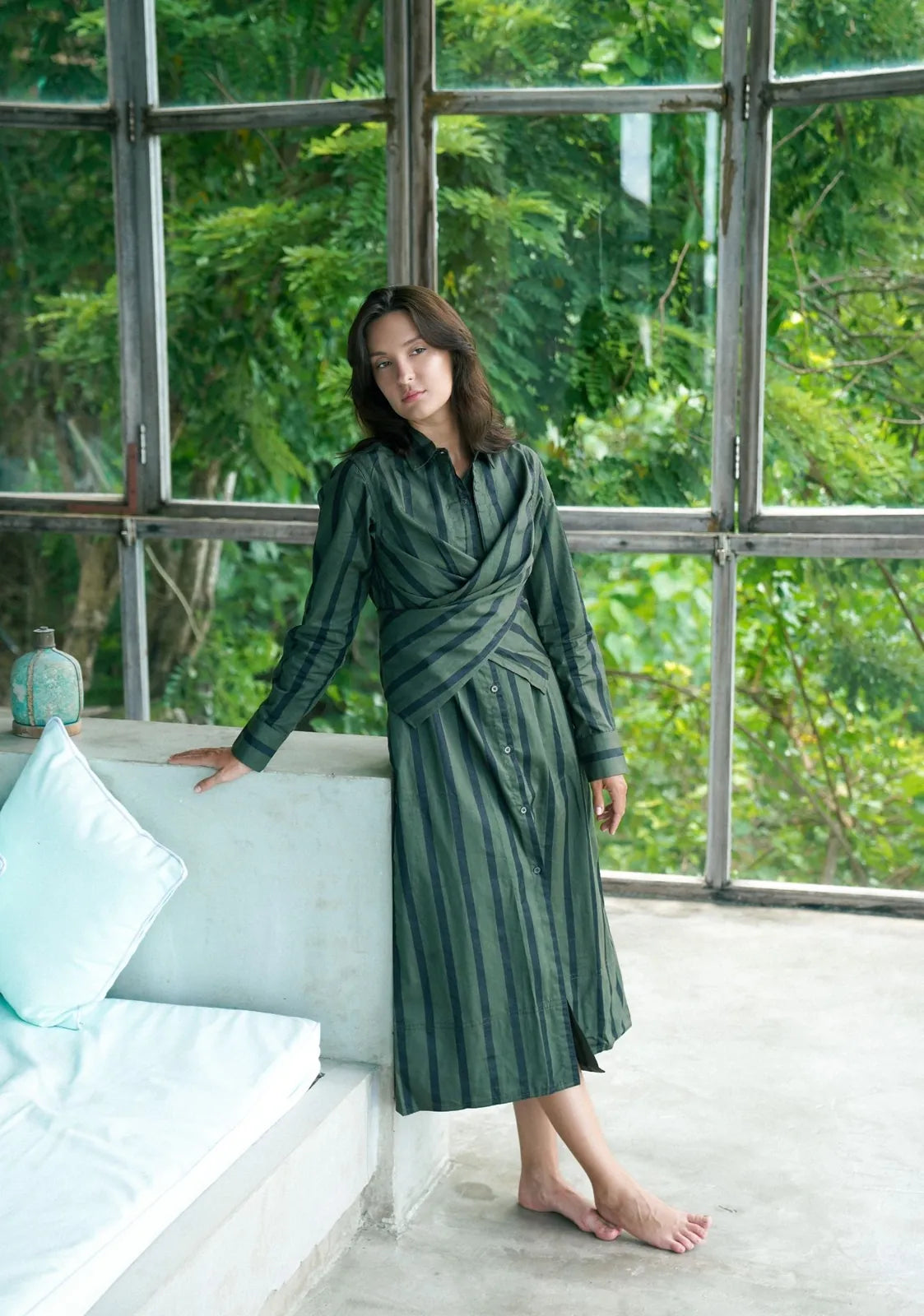 seattle wrap long dress - green stripes, image 1