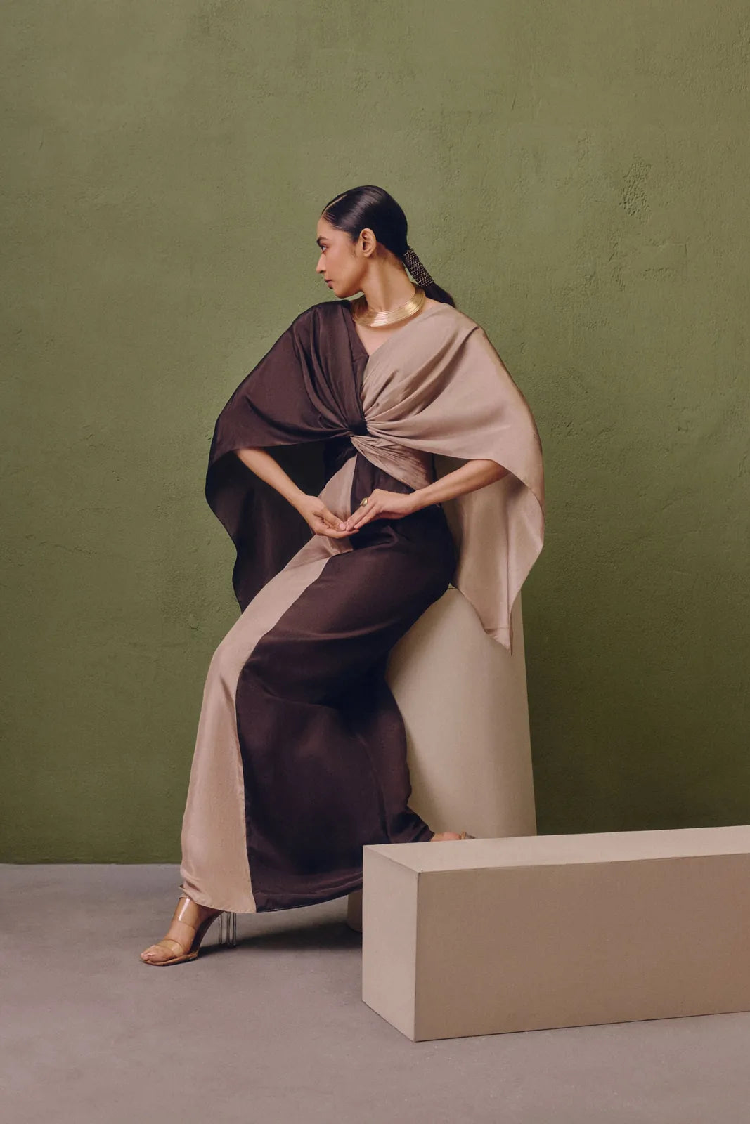 silk colour block dress in charcoal, image 2