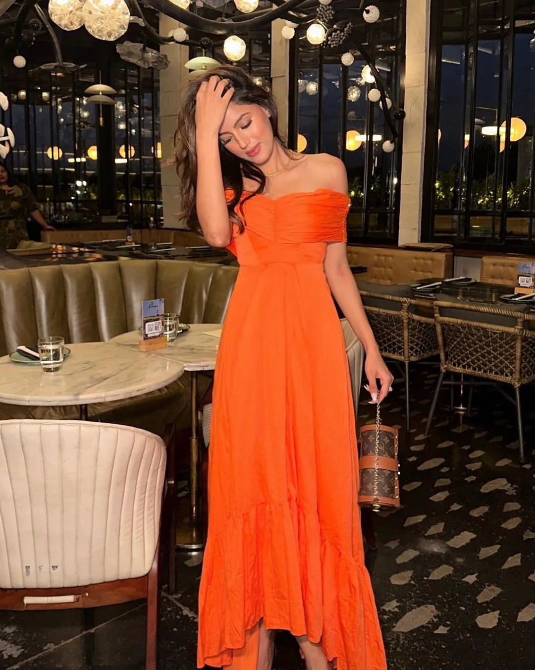 sonal kukreja in our orange off shoulder maxi dress, image 1