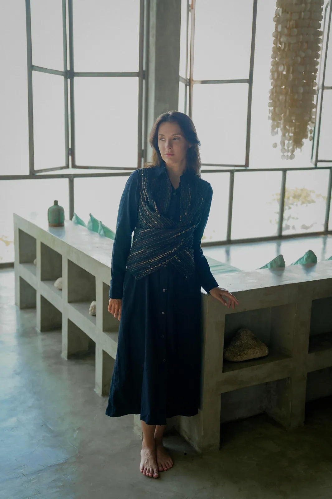 handwoven seattle wrap long dress - black green, image 1