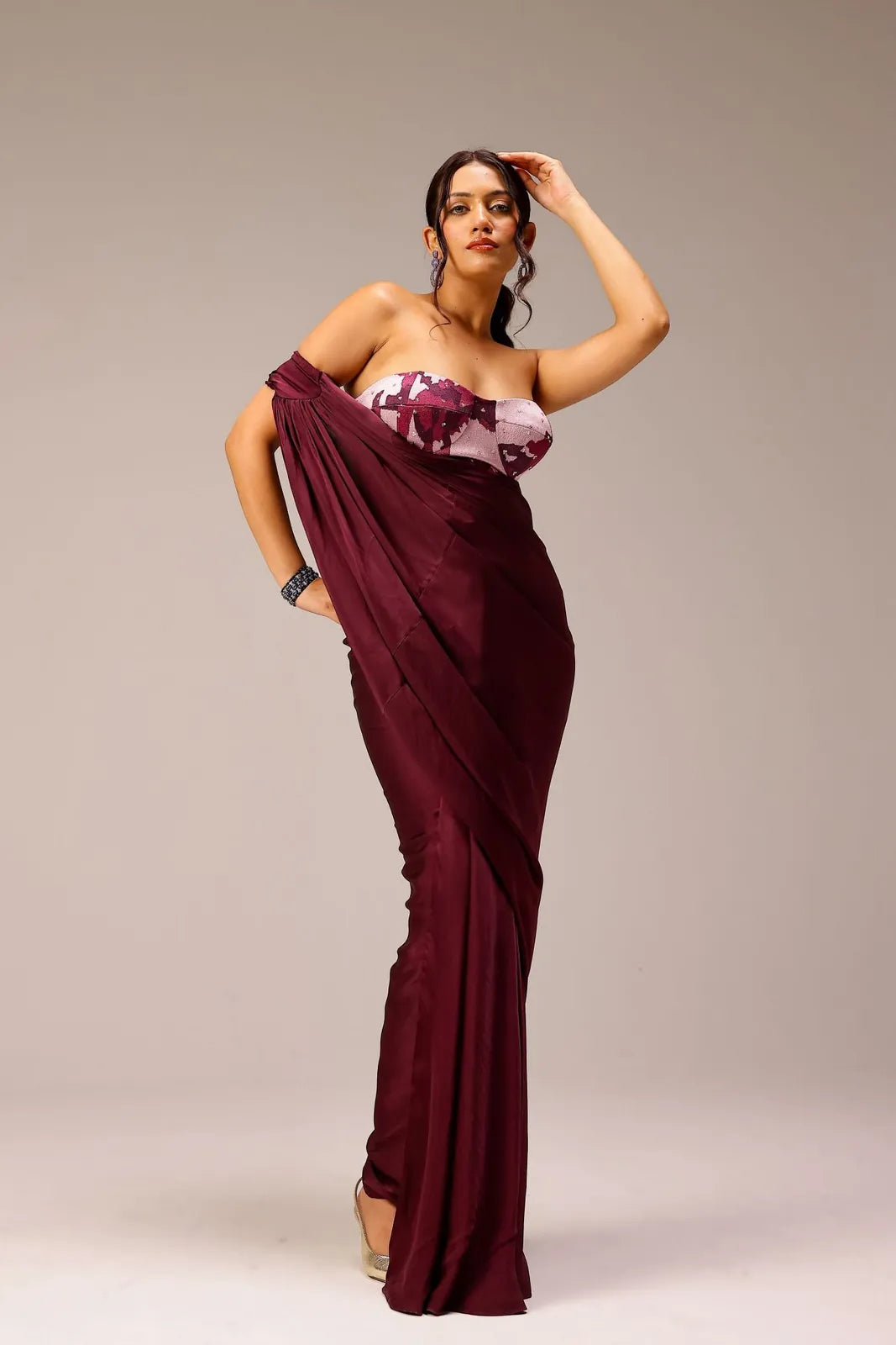 wine draped saree paired with hand embellished blouse, image 1