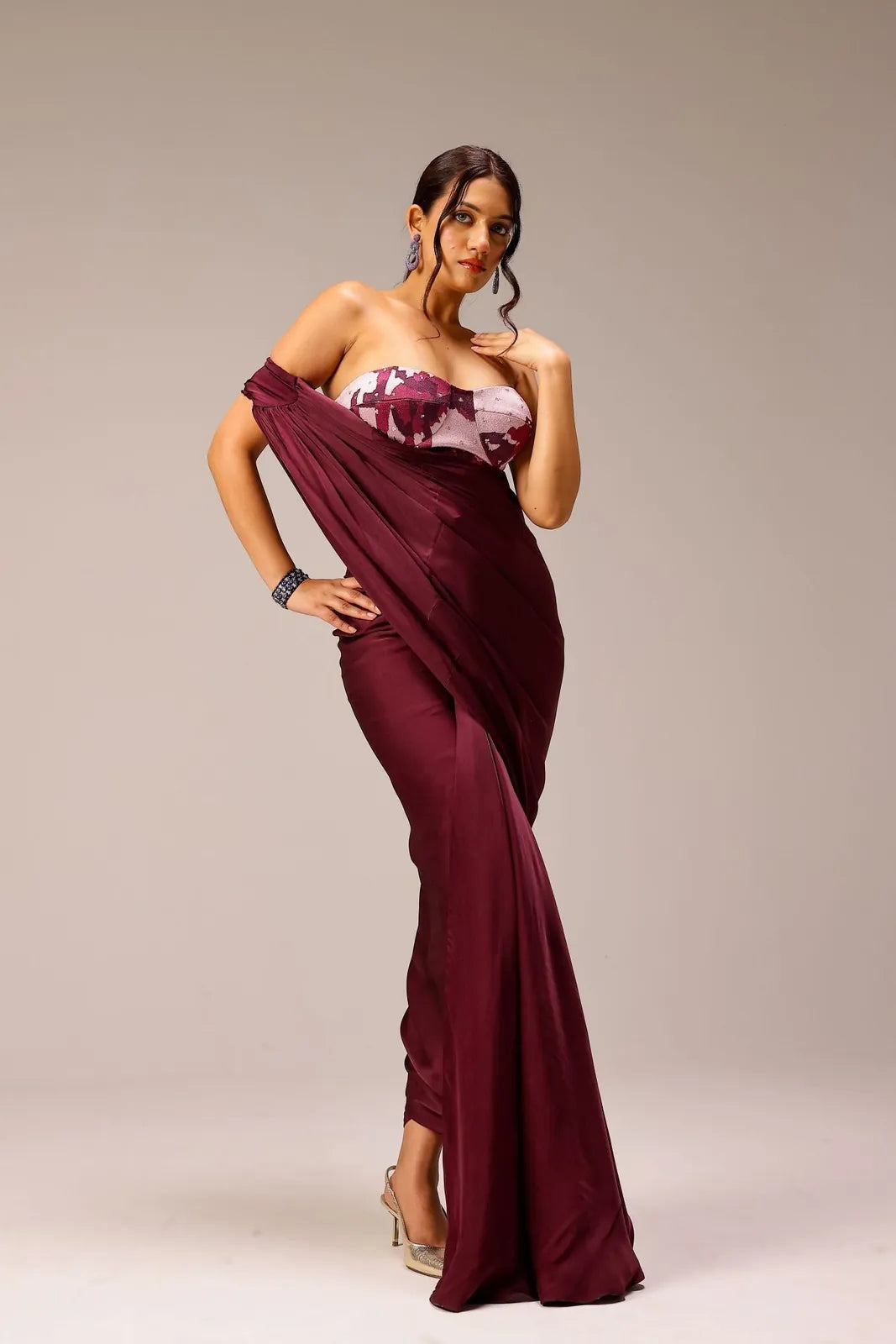 wine draped saree paired with hand embellished blouse, image 2