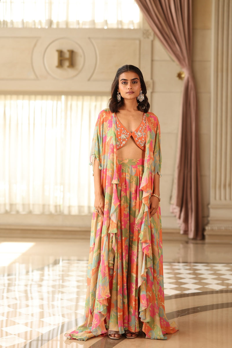 Multicolour Floral Georgette Frill Jacket and Palazzo Set
