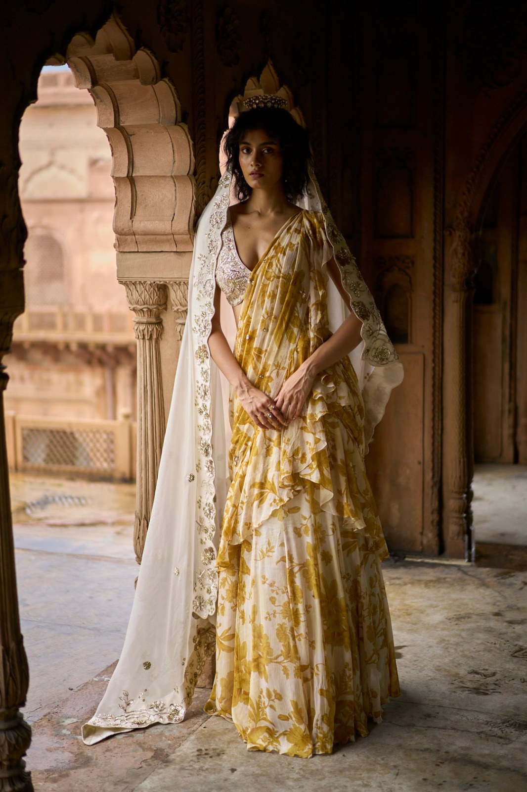 tuscany yellow chintz print ruffle saree set, image 1