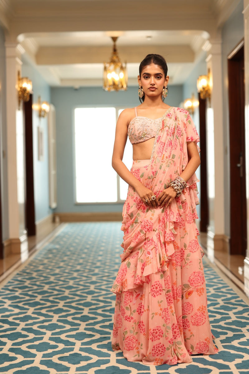 Pink Vintage Floral Georgette Ruffle Saree Set