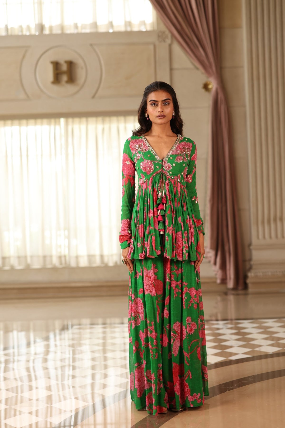 green floral georgette tassel peplum and palazzo set, image 1