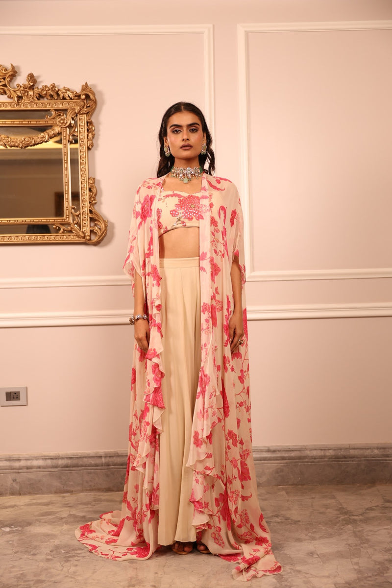 Ivory and Pink Floral Cascade Jacket and Palazzo Set
