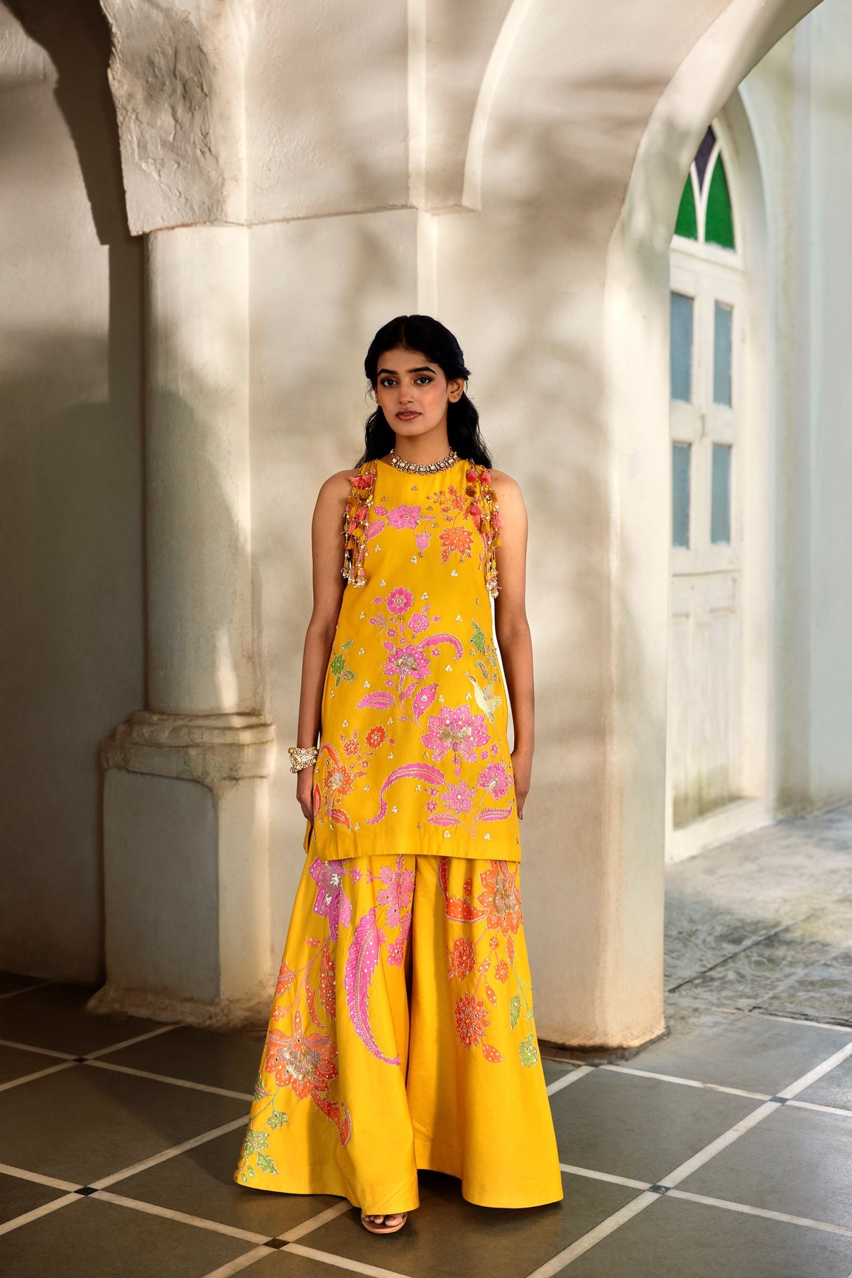 golden honey floral kurti and palazzo set, image 1