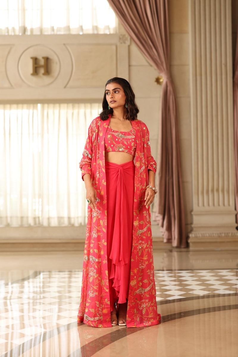 Red Floral Georgette Jacket and Draped Skirt Set
