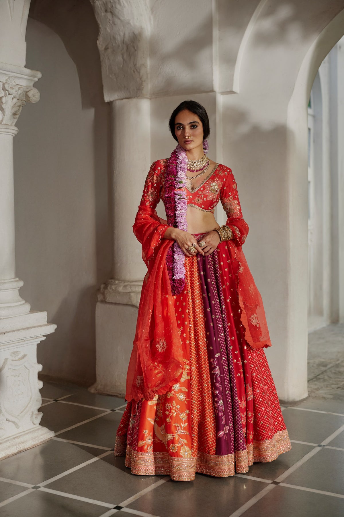multicolour buti and floral print lehenga set, image 1