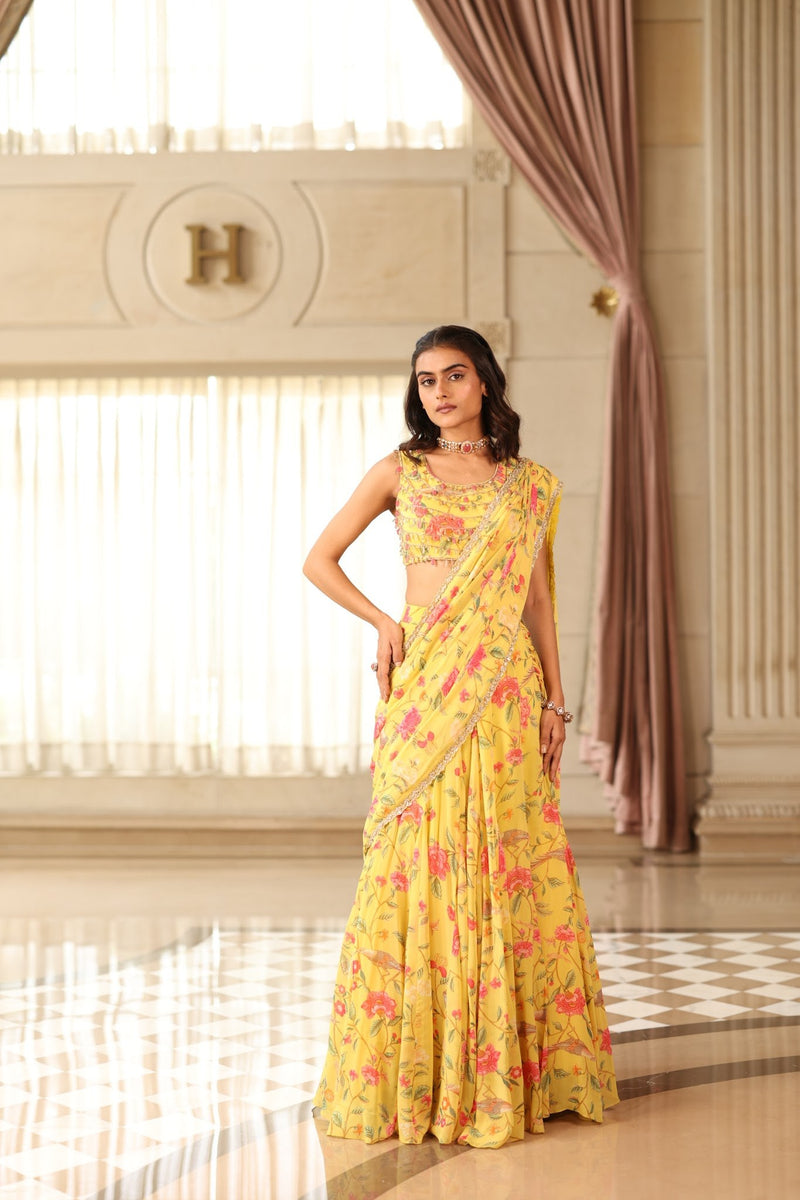 Yellow Floral Georgette Pre-Draped Saree with Crystal Blouse