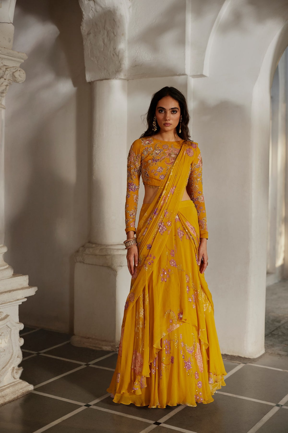 golden honey floral chiffon saree set, image 1