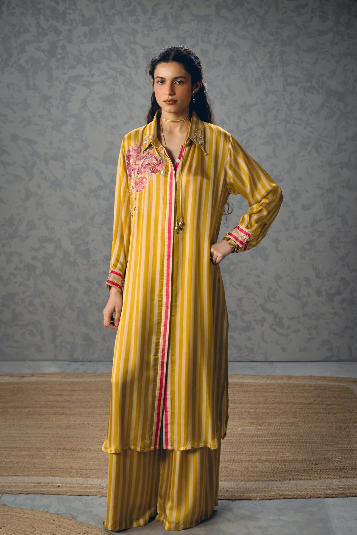 lacey kurta set in mustard, image 1
