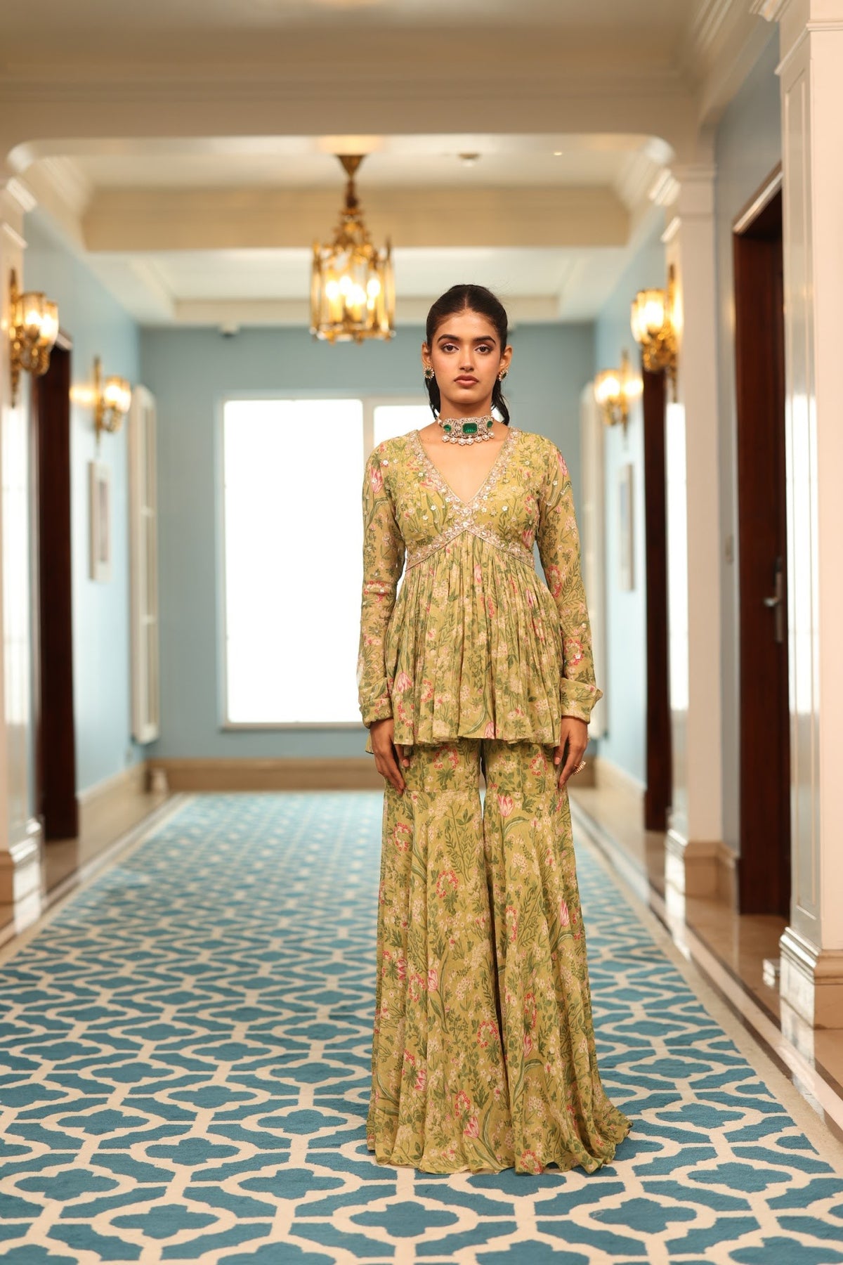 olive green floral georgette peplum and sharara set, image 1