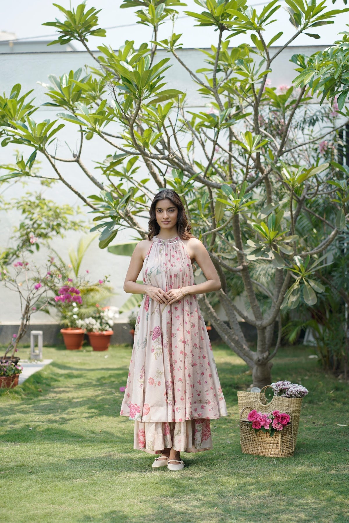 dusky pink floral malai chanderi halter maxi dress, image 1