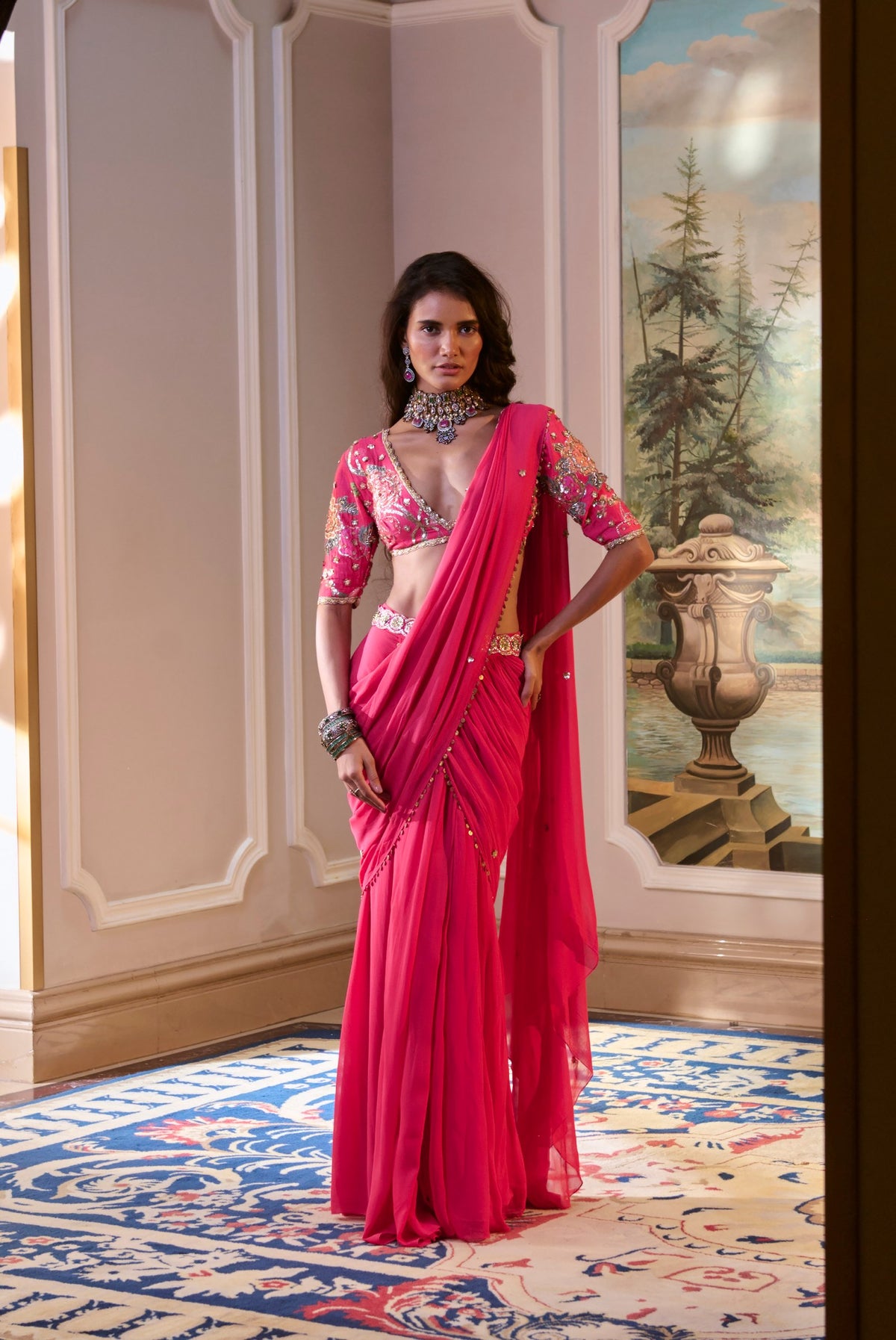 hot pink pre-draped saree set with belt, image 1