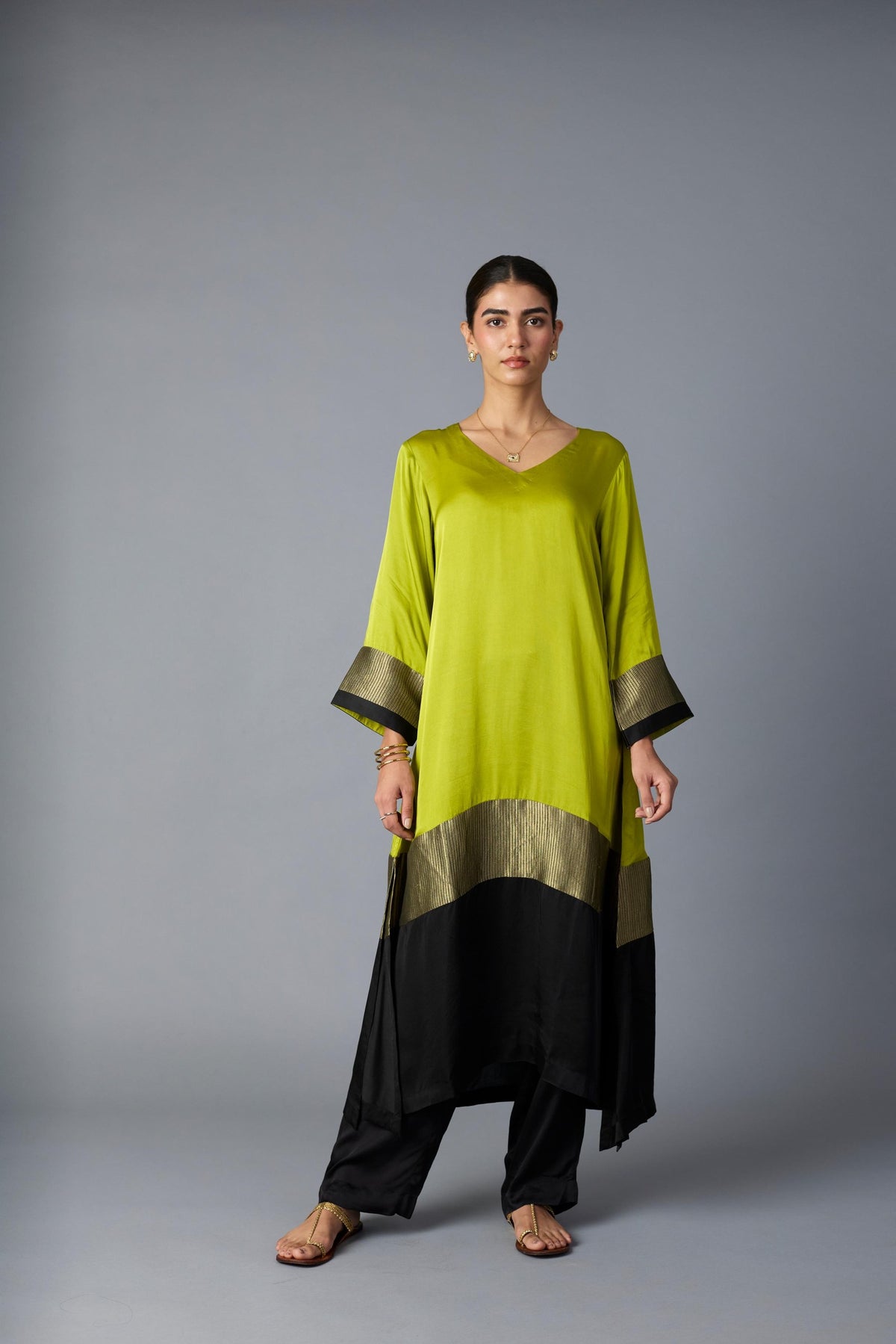 heena kaftan set in lime green & black, image 1