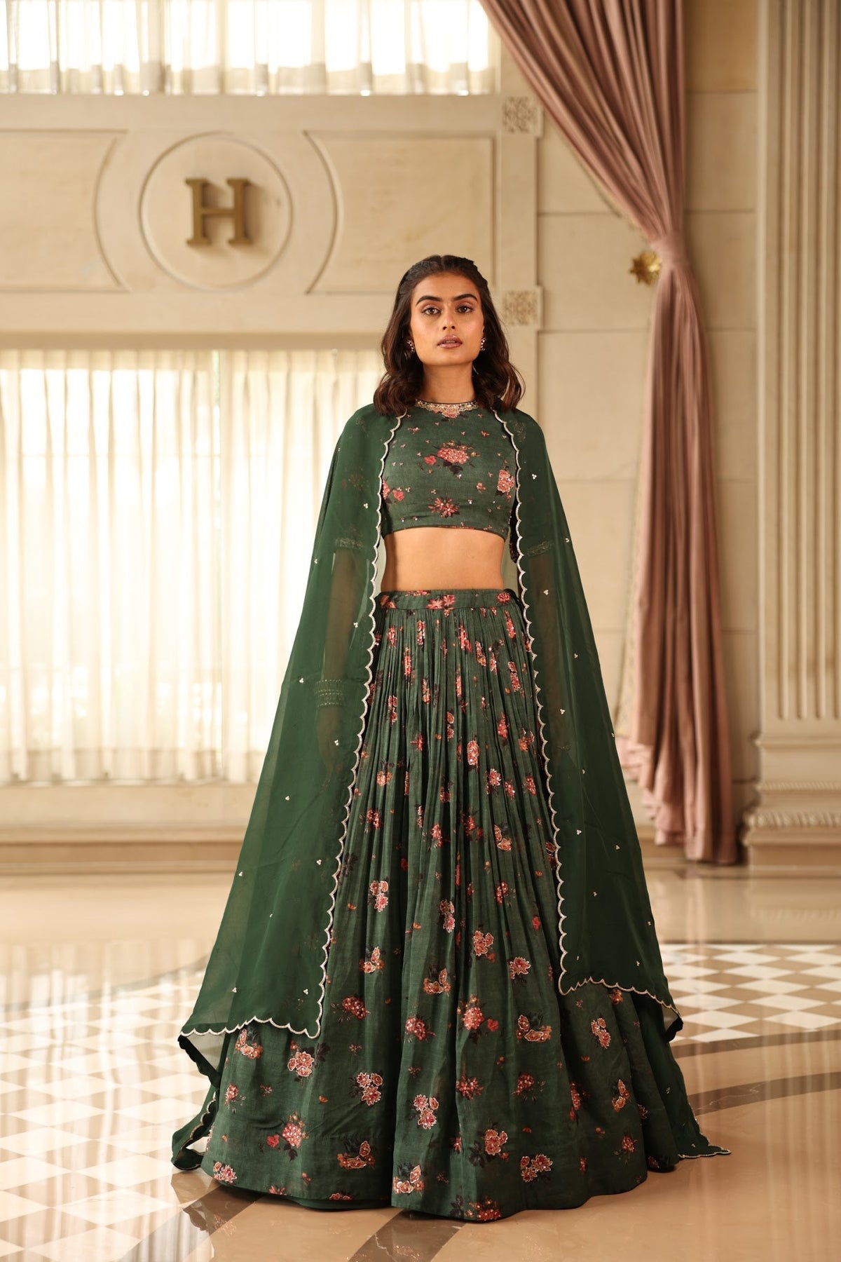 dark green floral organza lehenga set, image 1