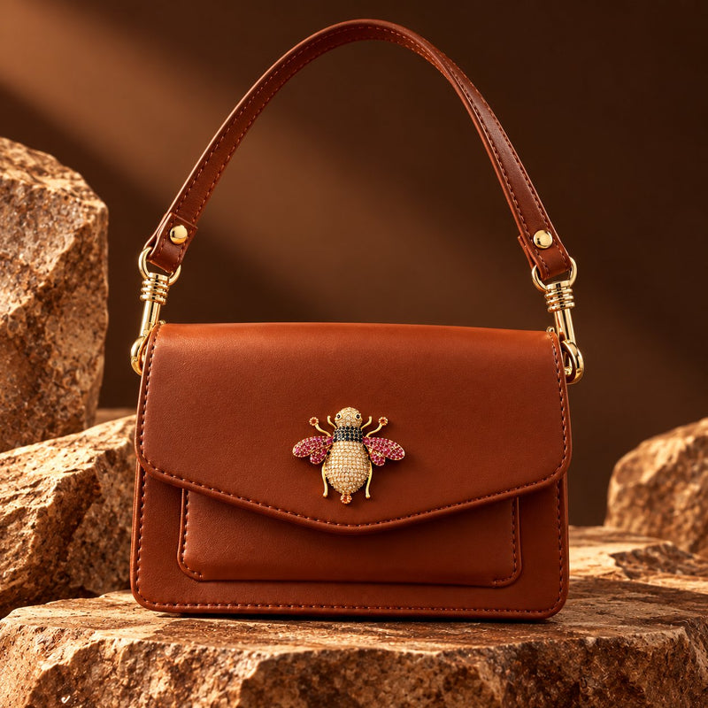 Kendall Hand Bag in Tan with Champagne Bee and Pink Wings