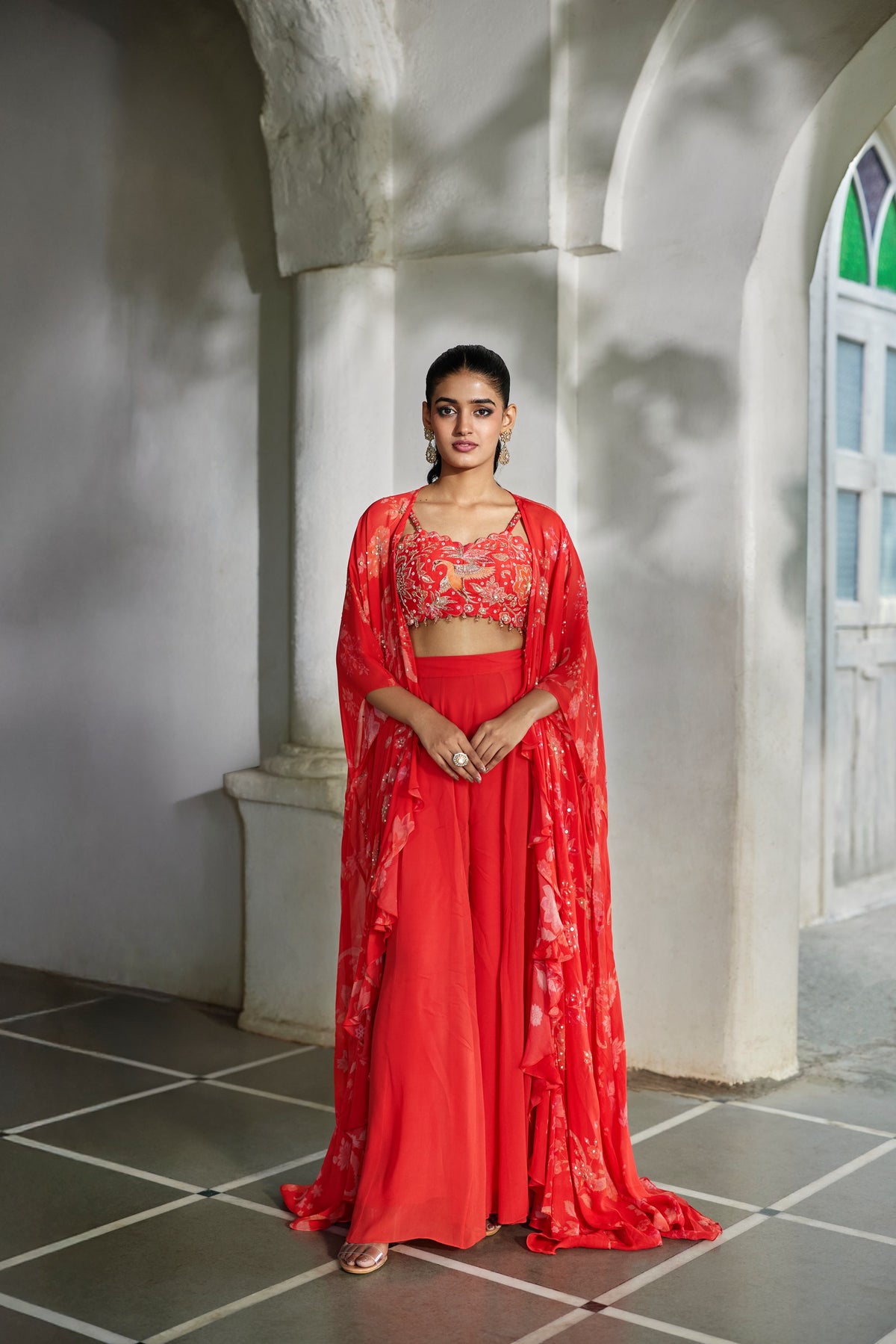 sunset red printed jacket, crop top and palazzo set, image 1