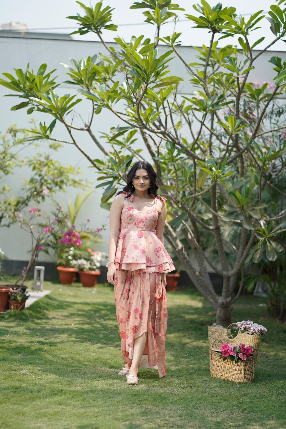 pink floral cotton silk peplum and wrap skirt set, image 1
