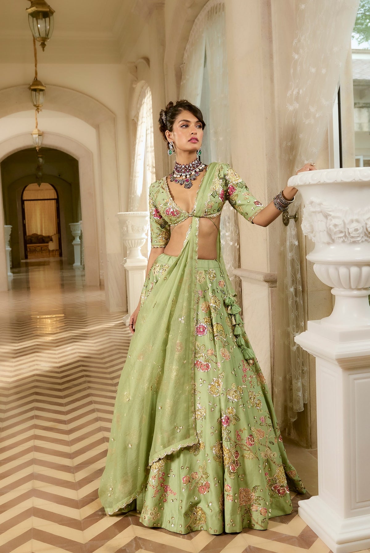 sage green floral lehenga set, image 1