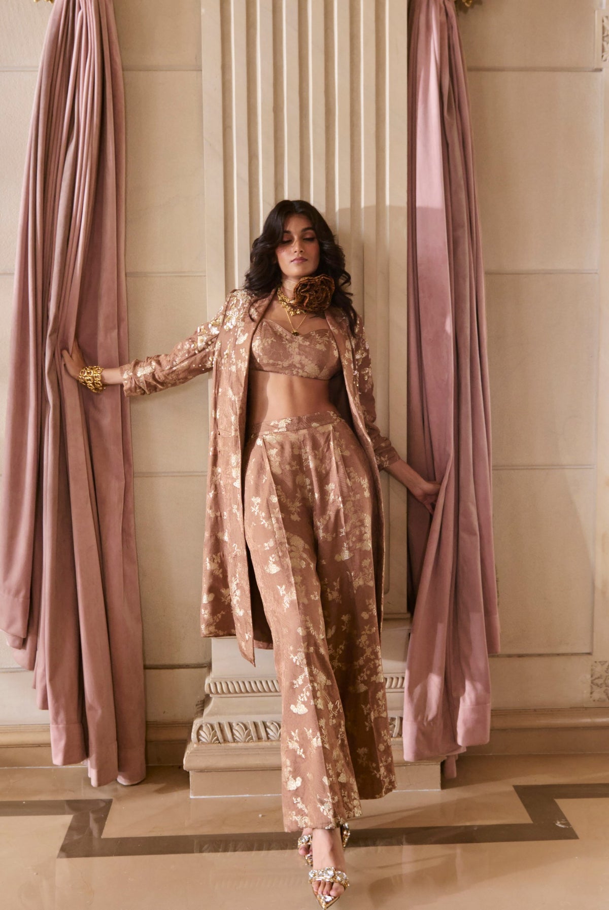 mocha brown jacquard blazer set, image 1