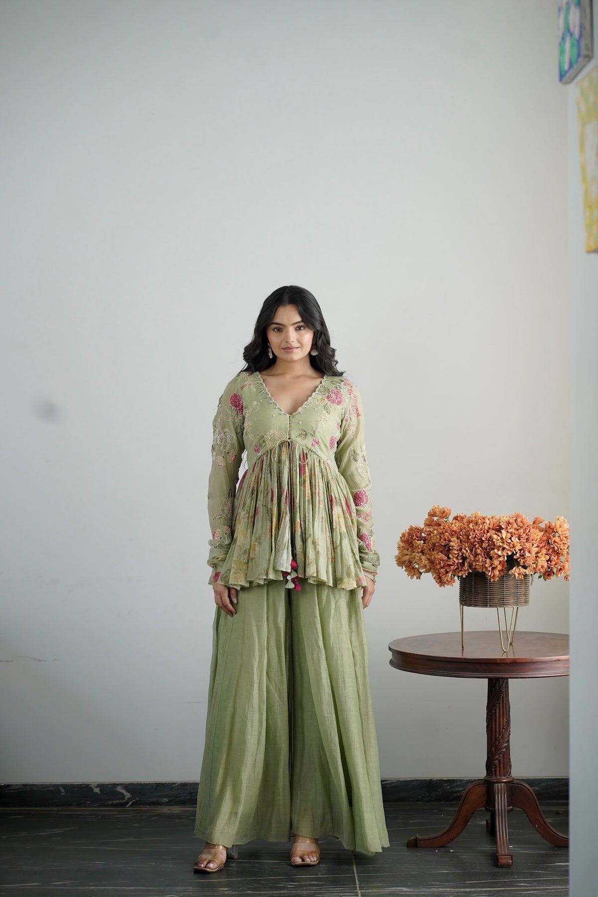 sage green malai chanderi peplum and palazzo set, image 1