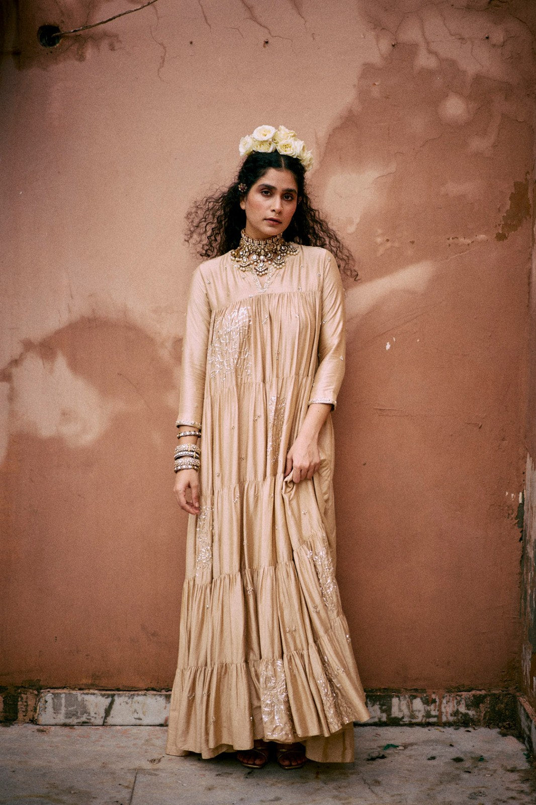 beige modal silk tiered anarkali set, image 1