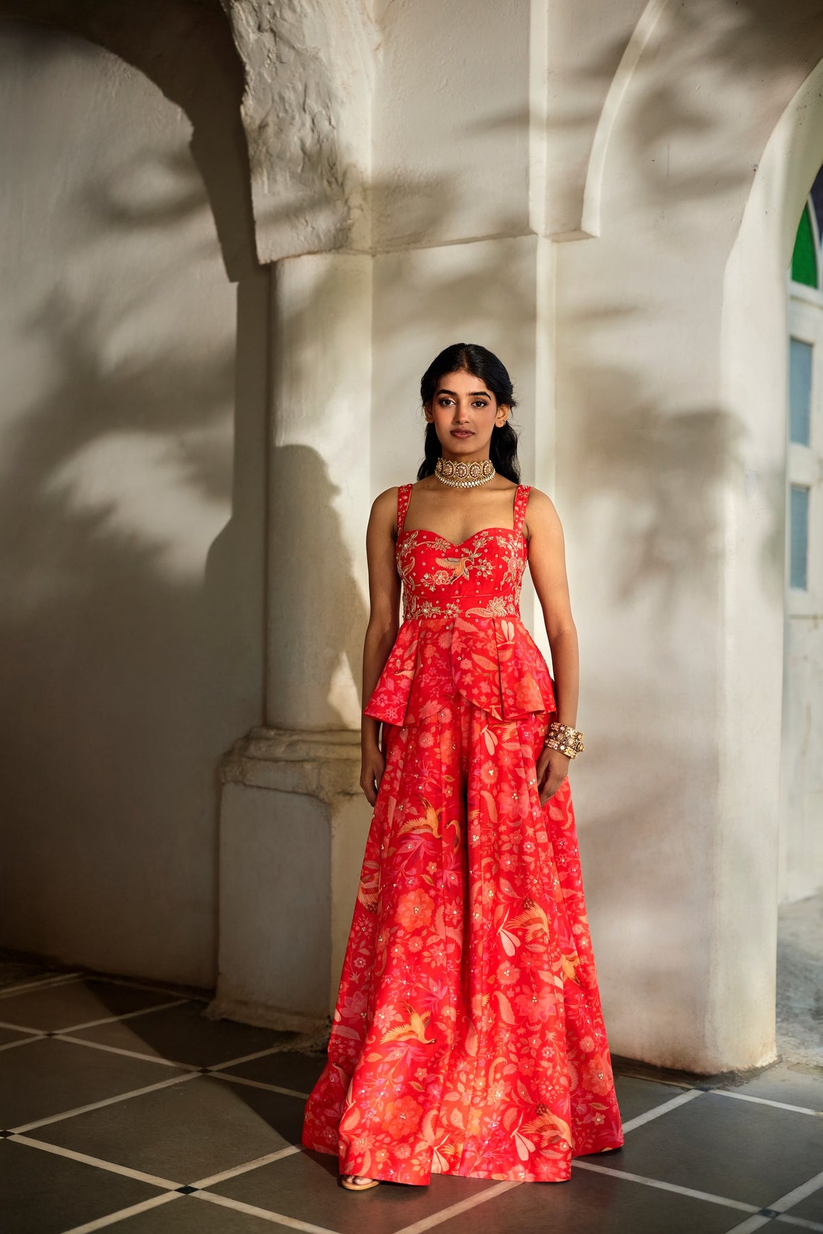 sunset red printed peplum and palazzo set, image 1