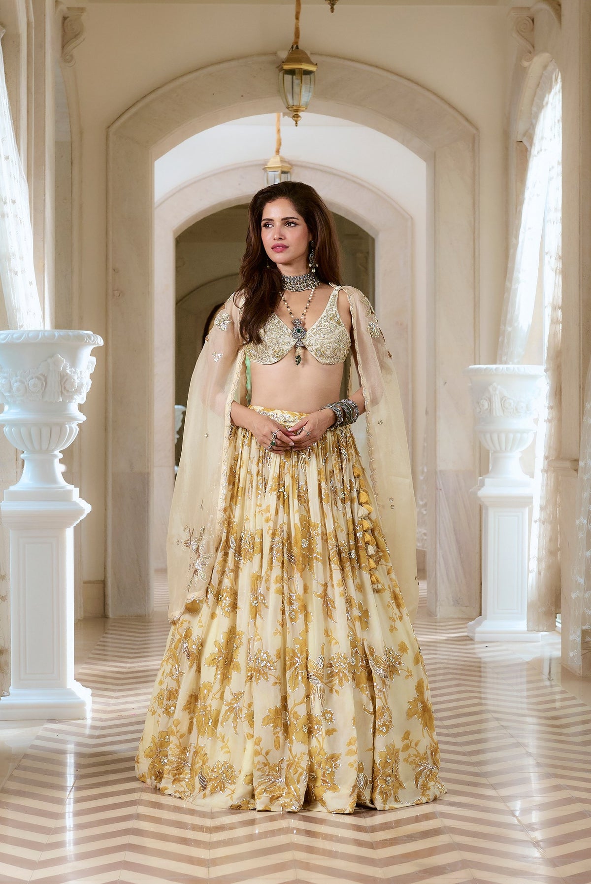 ivory and golden yellow floral lehenga set, image 1
