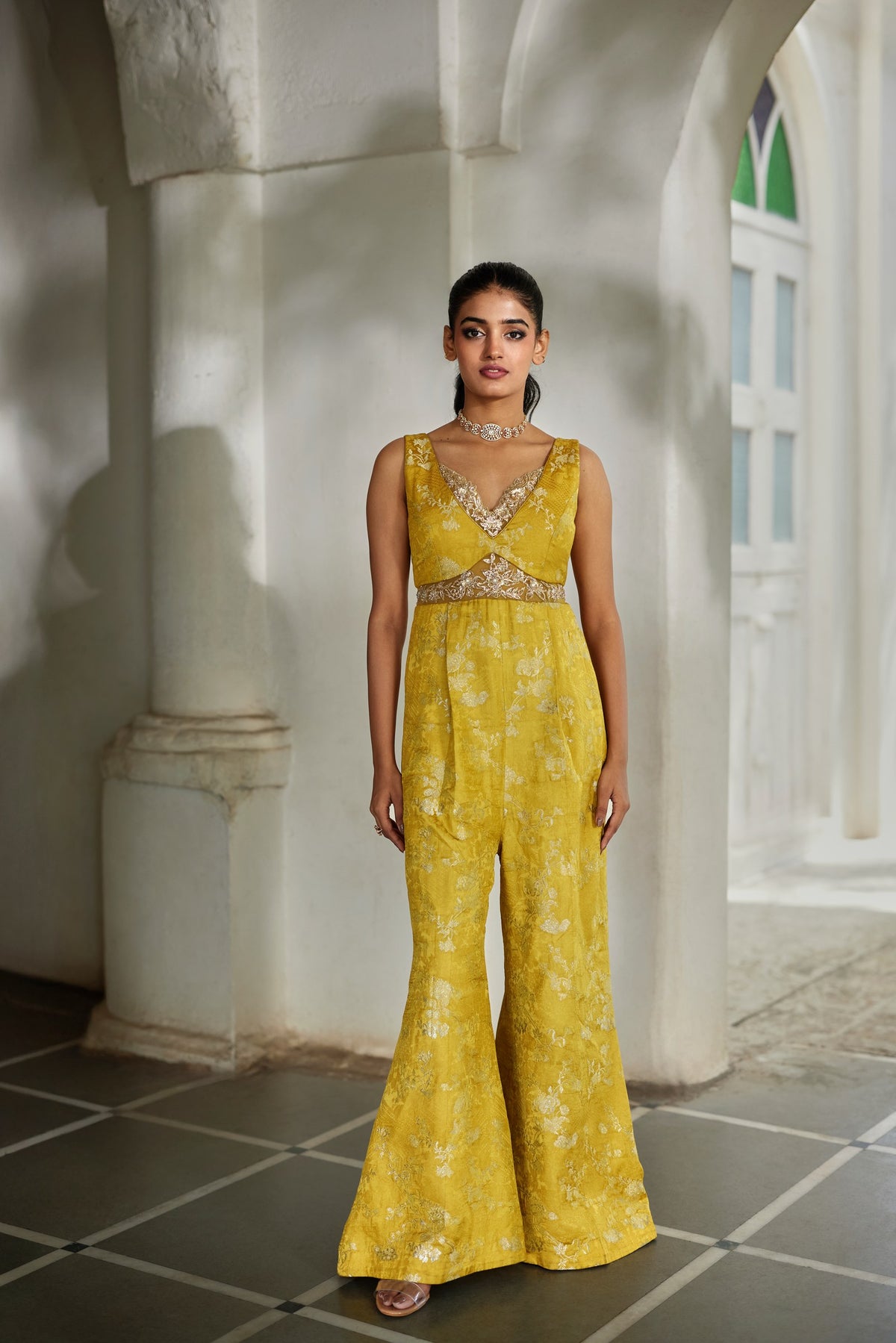 yellow silver jacquard jumpsuit, image 1