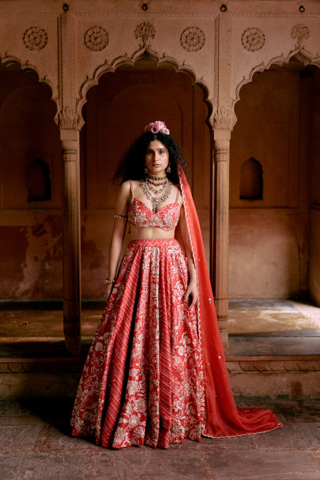 red leheriya and floral print lehenga set, image 1
