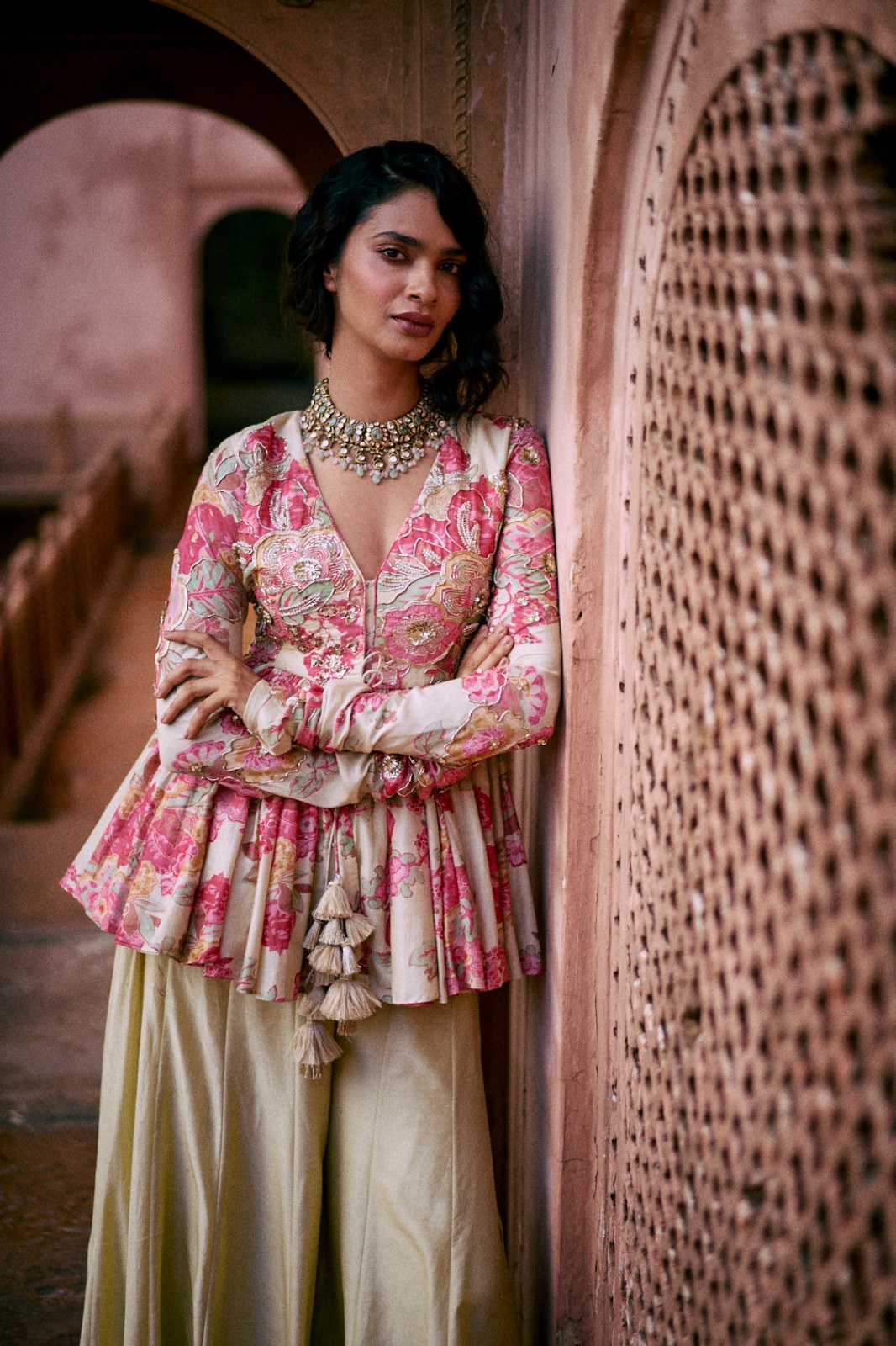 pink floral peplum and palazzo set, image 1