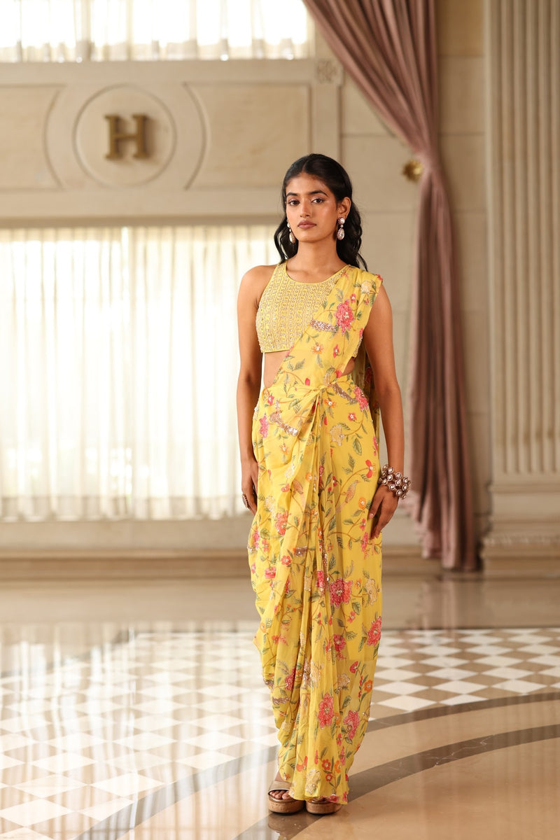 Yellow Floral Georgette Pre-Draped Saree Set
