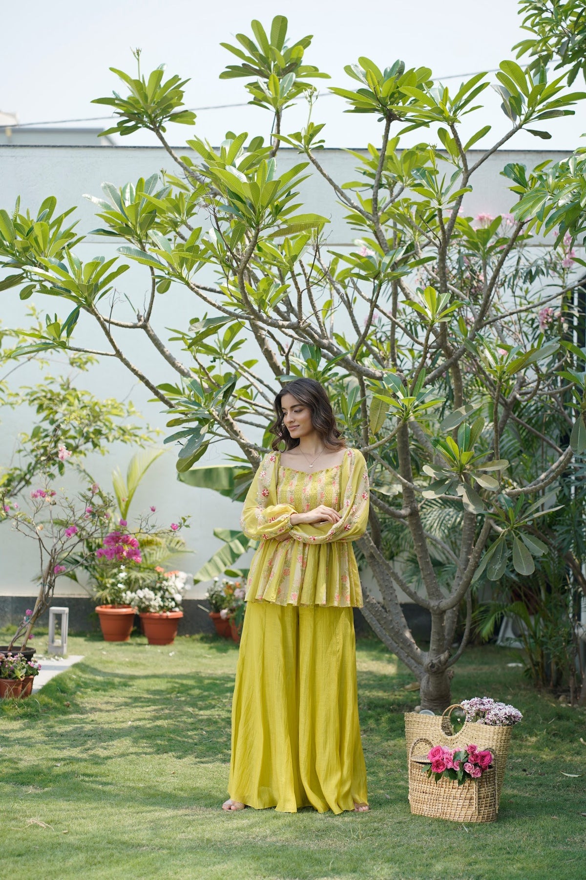 lime malai chanderi peplum and palazzo set with scarf, image 1