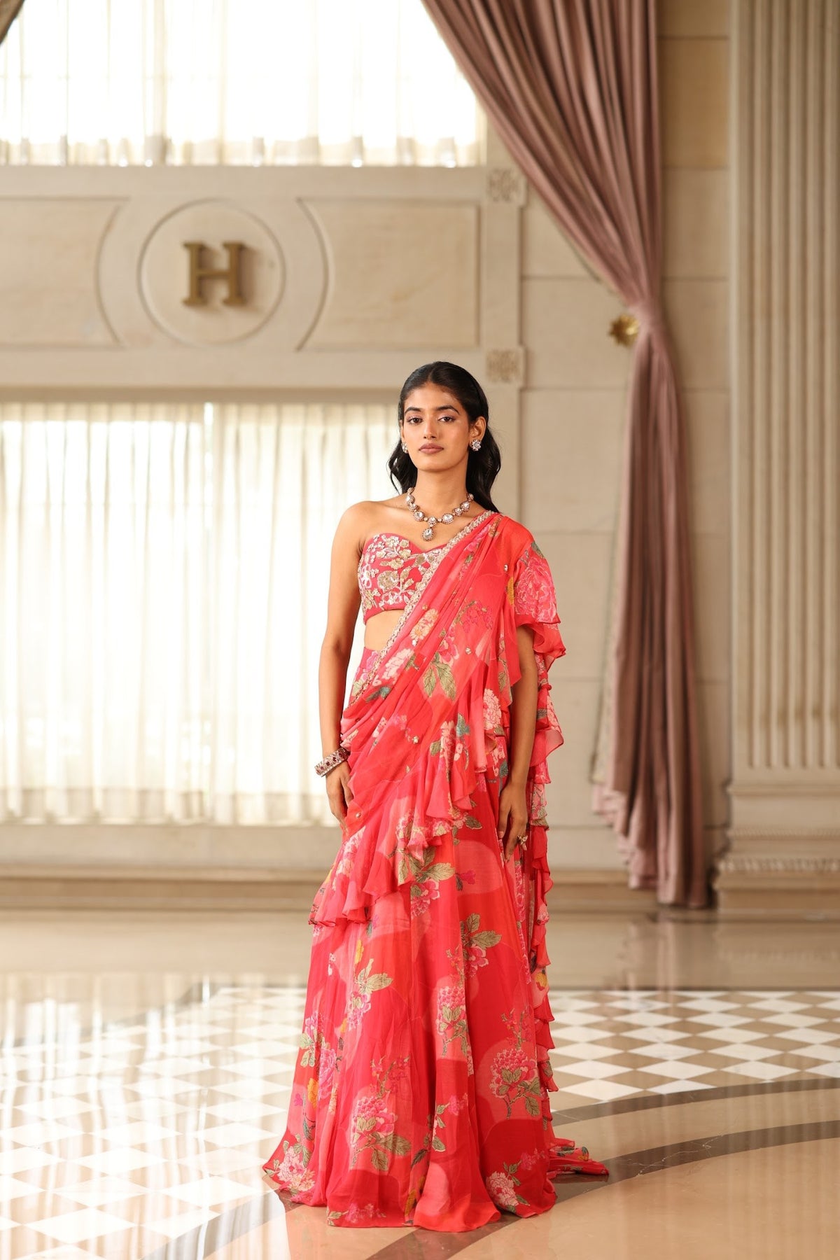 red floral georgette ruffle saree set, image 1
