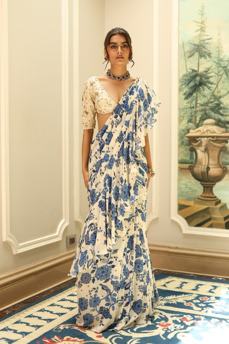 Ivory and Blue Floral Georgette Frill Pallu Saree Set