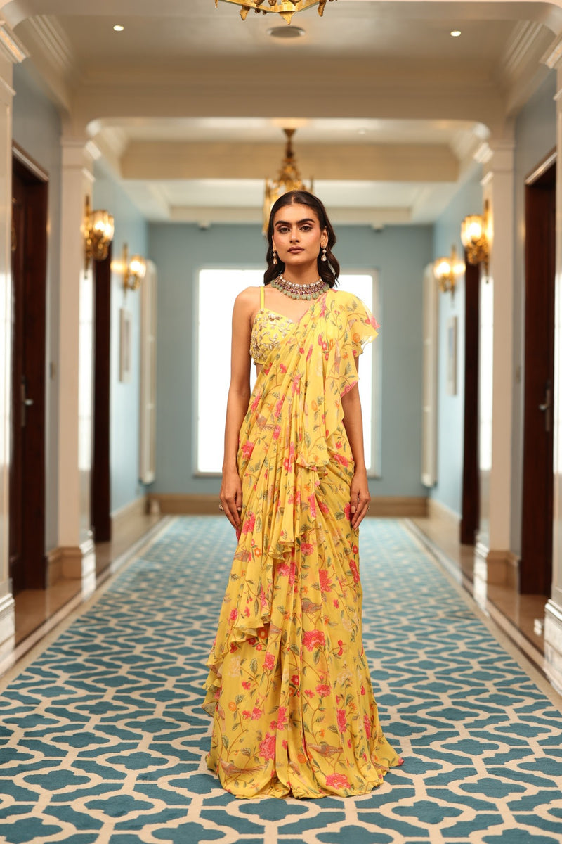 Yellow Vintage Floral Georgette Ruffle Saree Set