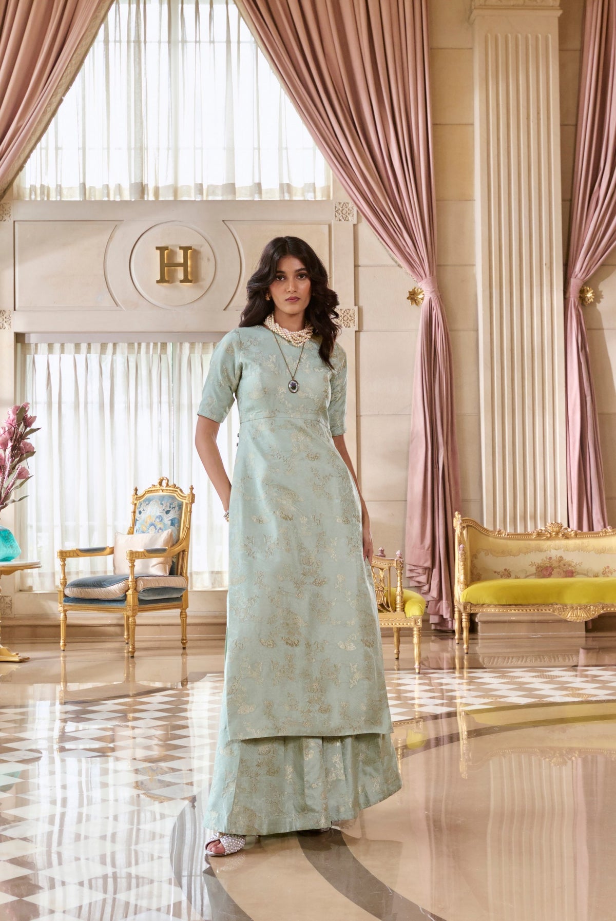 mint green jacquard kurta set with dupatta, image 1