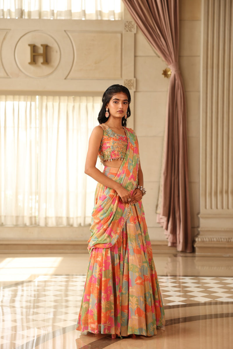 Multicolour Floral Georgette Pre-Draped Saree with Crystal Blouse