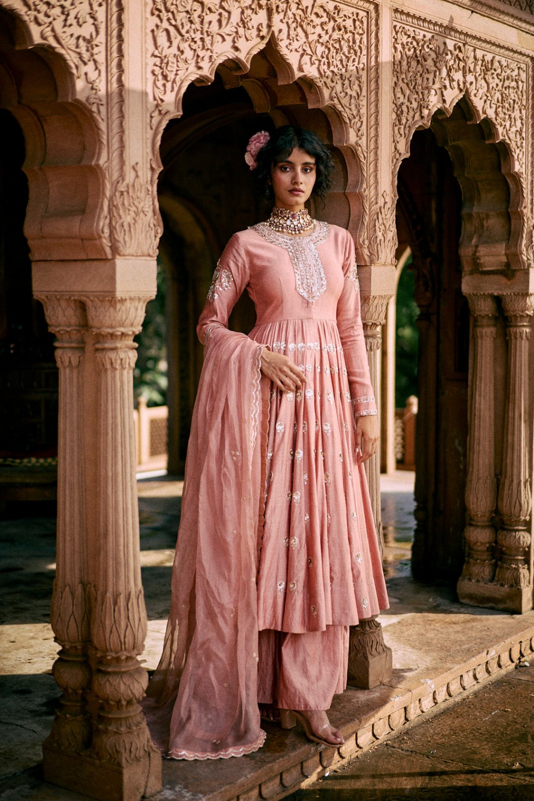 onion pink chiniya silk kali anarkali set, image 1