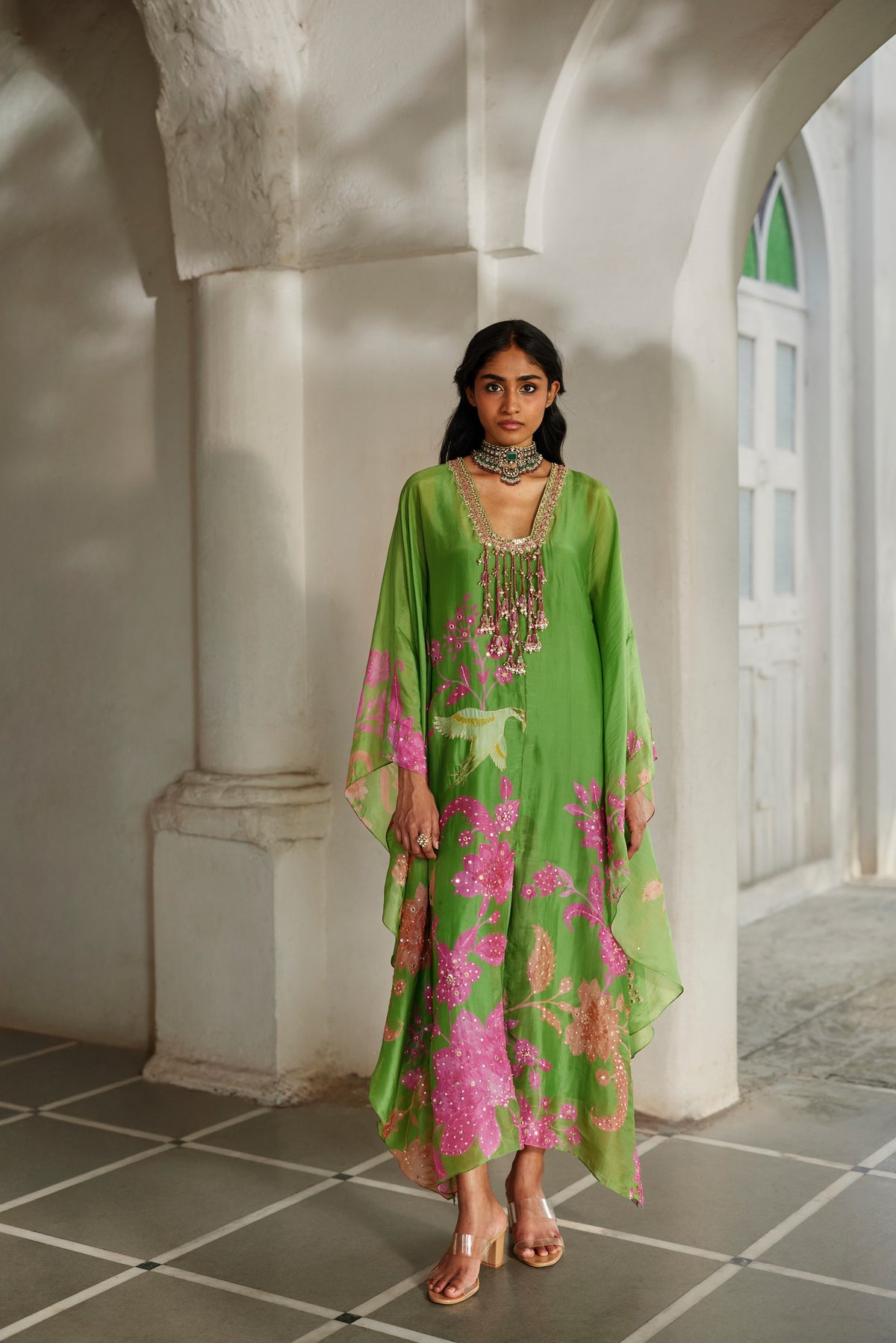 green floral silk organza kaftan, image 1